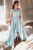 A Line High-Low Prom Dresses Scoop Satin With Appliques Sweep Train Rjerdress