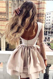 A Line High Neck Long Sleeve Pleats Open Back Satin Short Homecoming Dresses with Lace RJS07 Rjerdress