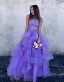 A Line High Neck Ruffles Lavender Ball Gown Prom Dresses with Appliques RJS679 Rjerdress