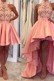 A Line High-Neck Satin & Lace Short/Mini Homecoming Dresses With Detachable Train Rjerdress