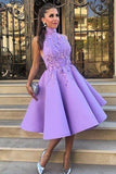 A-Line High Neck Tea-Length Sleeveless Purple Satin Homecoming Dress with Appliques RJS119