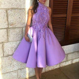 A-Line High Neck Tea-Length Sleeveless Purple Satin Homecoming Dress with Appliques RJS119 Rjerdress