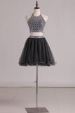 A Line Hoco Dresses Halter Two-Piece Beaded Bodice Tulle Short/Mini