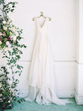A Line Ivory Chiffon V Neck Straps V Back Beach Long  Wedding Dresses Rjerdress