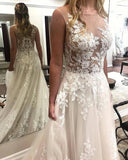 A Line Ivory Lace See Through Applique Wedding Dresses Scoop With Court Train Rjerdress