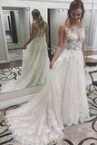 A Line Ivory Lace See Through Applique Wedding Dresses Scoop With Court Train Rjerdress