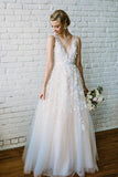 A Line Ivory Lace V Neck Beach Long Wedding Dress with Appliques Rjerdress
