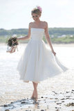 A-Line Ivory Short Sleeveless Pleated Tea-length Strapless Backless Wedding Dresses