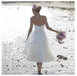 A-Line Ivory Short Sleeveless Pleated Tea-length Strapless Backless Wedding Dresses Rjerdress