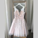 A Line Ivory V Neck Beads Straps Short  Homecoming Dresses with Lace Appliques Rjerdress
