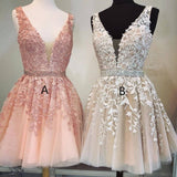A Line Ivory V Neck Beads Straps Short  Homecoming Dresses with Lace Appliques Rjerdress