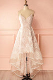 A-Line Ivory V-Neck Lace Spaghetti Straps High Low Open Back Homecoming Dresses RJS517 Rjerdress