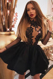 A Line Jewel Long Sleeve Black Above Knee Homecoming Dress with Appliques RRJS890 Rjerdress
