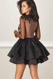 A Line Jewel Long Sleeve Black Above Knee Homecoming Dress with Appliques RRJS890 Rjerdress