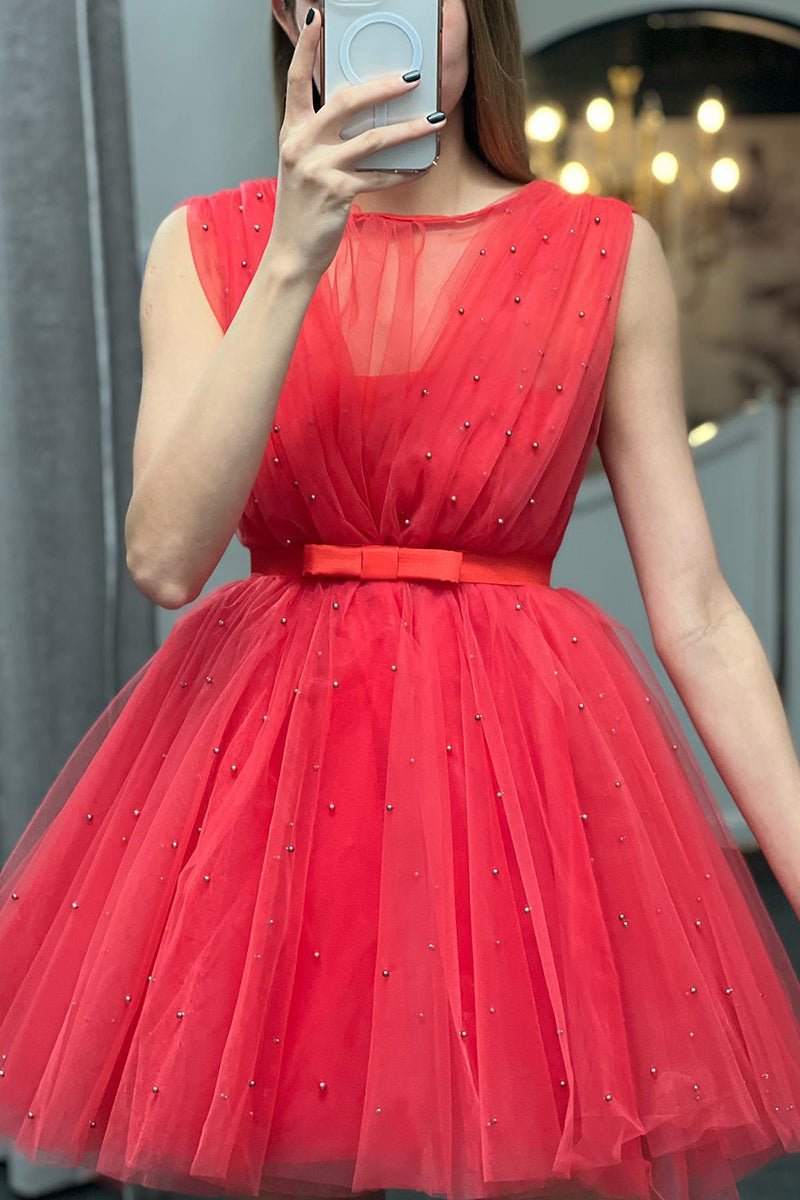 A Line Jewel Neck Tulle Sleeveless Bead Short/Mini Homecoming Dress Rjerdress