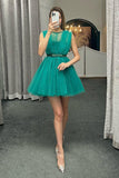 A Line Jewel Neck Tulle Sleeveless Bead Short/Mini Homecoming Dress