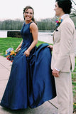 A Line Jewel Sleeveless Prom Dresses Long Cheap Navy Blue Satin Backless Evening Dresses RJS483
