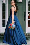 A Line Jewel Sleeveless Prom Dresses Long Cheap Navy Blue Satin Backless Evening Dresses RJS483 Rjerdress