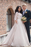 A-Line Lace 3/4 Sleeve Pockets Scoop Satin Button Floor-Length Wedding Dress RJS412