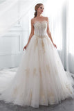 A Line Lace Appliques Strapless Wedding Dresses Chapel Train Sweetheart Rjerdress