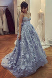 A Line Lace Appliques Sweetheart Prom Dresses Long Blue Quinceanera Dresses RJS617