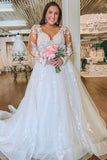 A-Line Lace Appliques V Neck Tulle Long Sleeve Covered Buttons Wedding Dresses Rjerdress