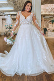 A-Line Lace Appliques V Neck Tulle Long Sleeve Covered Buttons Wedding Dresses