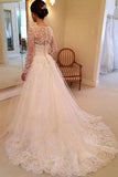 A-Line Lace Appliques V Neck Tulle Long Sleeve Ivory Covered Buttons Wedding Dresses Rjerdress