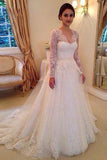 A-Line Lace Appliques V Neck Tulle Long Sleeve Ivory Covered Buttons Wedding Dresses Rjerdress
