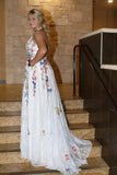 A Line Lace Floral Printed V Neck Appliques White Prom Dresses RJS575 Rjerdress