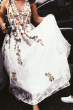 A Line Lace Floral Printed V Neck Appliques White Prom Dresses RJS575 Rjerdress