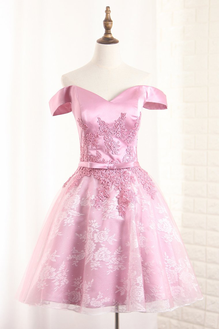 A Line Lace Hoco Dresses Off The Shoulder With Applique And Sash Rjerdress
