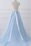 A-Line Lace Open Back V-Neck with Sash Blue and White Cap Sleeve Prom Dresses UK RJS432 Rjerdress
