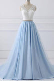 A-Line Lace Open Back V-Neck with Sash Blue and White Cap Sleeve Prom Dresses UK RJS432