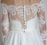 A-Line Lace Scoop 3/4 Sleeve Appliques Tulle Floor-Length White Button Wedding Dresses Rjerdress