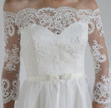 A-Line Lace Scoop 3/4 Sleeve Appliques Tulle Floor-Length White Button Wedding Dresses Rjerdress