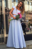 A Line Lace Two Piece Blue Satin Cap Sleeve Prom Dresses with Appliques RJS640