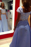 A Line Lace Two Piece Blue Satin Cap Sleeve Prom Dresses with Appliques RJS640 Rjerdress