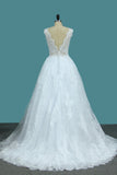 A Line Lace V Neck Bridal Dresses With Applique Open Back Court Train Rjerdress