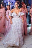 A-Line Lace V Neck Tulle Beach Wedding Dress With Ruffles Appliques