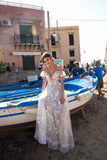 A-Line Lace V Neck Tulle Beach Wedding Dress With Ruffles Appliques Rjerdress