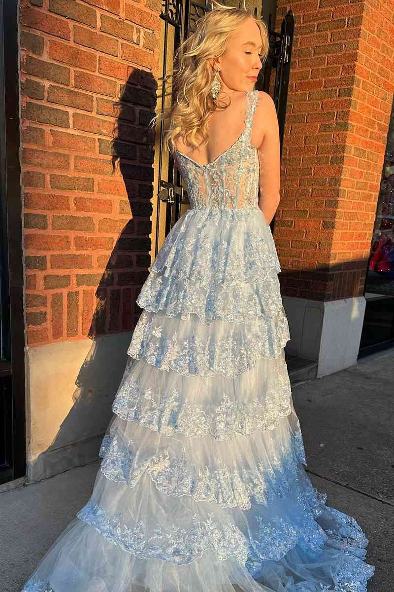 A Line Light Blue Lace Sweetheart Tiered Long Prom Dress with Slit Rjerdress