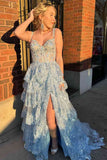A Line Light Blue Lace Sweetheart Tiered Long Prom Dress with Slit