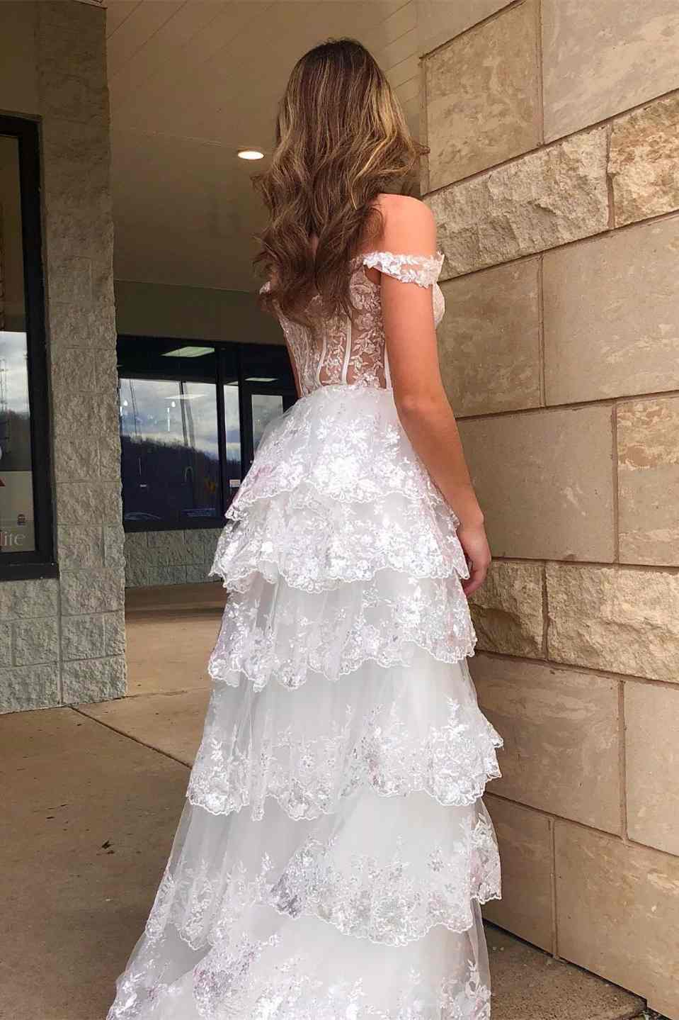 A Line Light Blue Lace Sweetheart Tiered Long Prom Dress with Slit Rjerdress