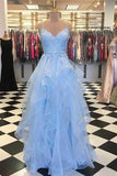 A Line Light Blue Spaghetti Straps Prom Dresses Sweetheart Long Evening Dresses rjs606