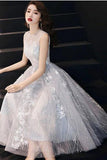 A Line Light Gray Tea Length Tulle Homecoming Dresses,Tulle Prom Gown