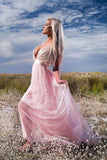 A Line Light Pink Tulle Deep V Neck Prom Dresses Sequins Backless  RJS351