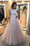 A-Line Light Pink Tulle with White Lace Appliqued Open Back Floor-Length Prom Dresses RJS547