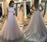 A-Line Light Pink Tulle with White Lace Appliqued Open Back Floor-Length Prom Dresses RJS547 Rjerdress