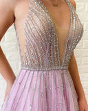 A Line Lilac Deep V Neck Beads Modest Tulle Prom Dresses, Long Formal Dresses Rjerdress